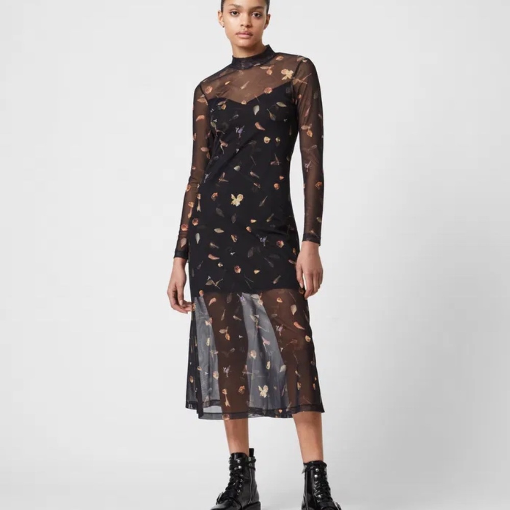 AllSaints Hanna Leaf Print Long Sleeve Mesh Dress in Black